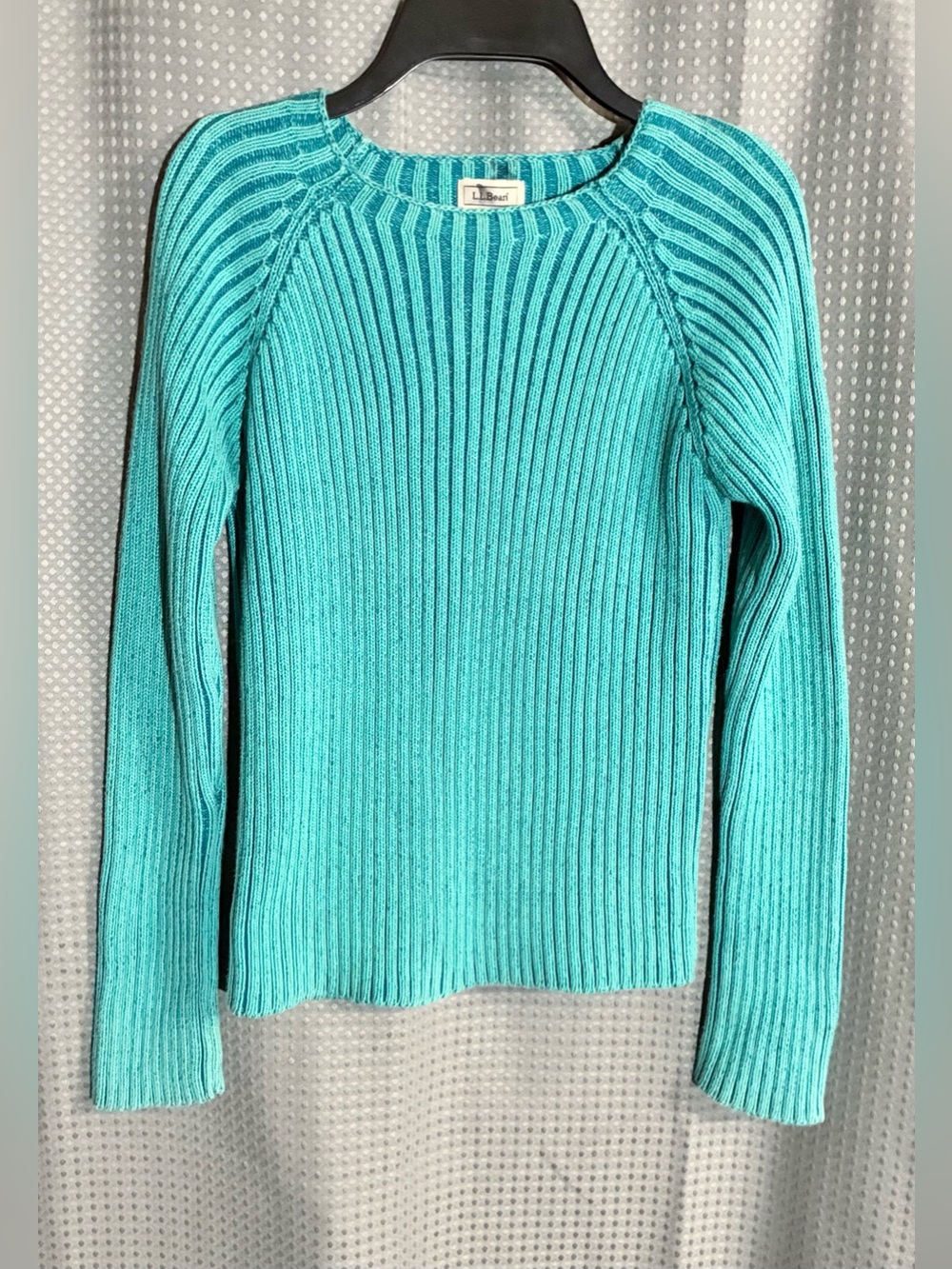 L.L. Bean Ribbed Turquoise Crewneck Sweater Sz S Curved Shoulders 90s Y2K
